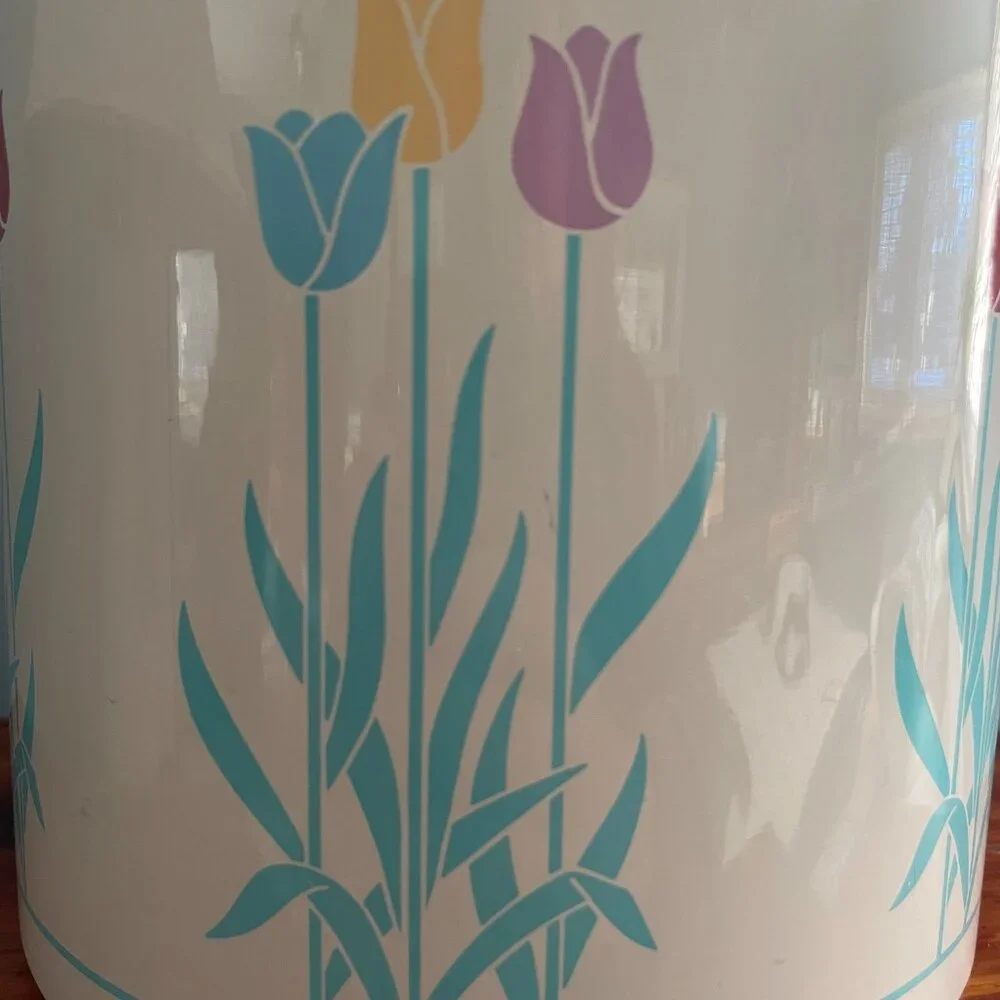 Vintage Ice Bucket Floral Tulips Pastel Tongs Tray Bar Accessory